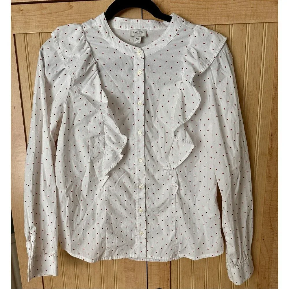 J. Crew WOMEN'S SIZE XS‎ Hearts Print Cotton Poplin Ruffle Top